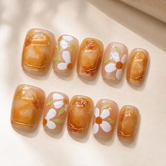 Autumn Daisy Press On Nails | Caramel Floral Short Square Nails