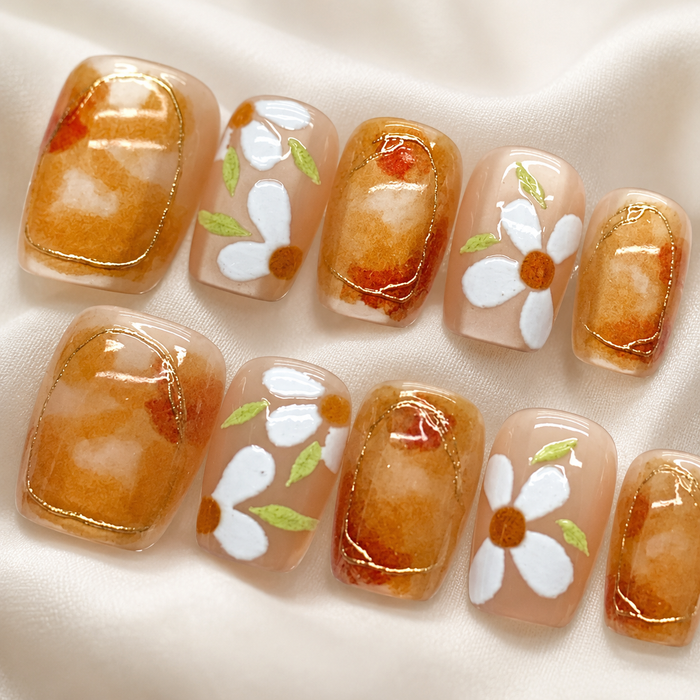 Autumn Daisy Press On Nails | Caramel Floral Short Square Nails