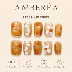 Autumn Daisy Press On Nails | Caramel Floral Short Square Nails