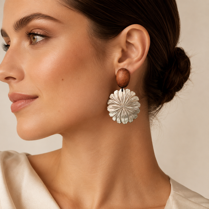 Wood Shell Flower Drop Earrings | Boho Floral Statement Earrings for Women