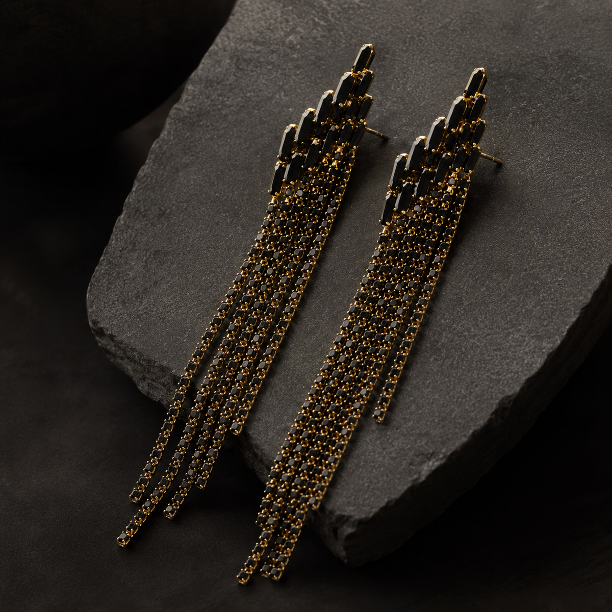 Black Rhinestone Tassel Earrings | Long Crystal Statement Earrings for Women