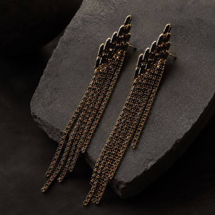 Black Rhinestone Tassel Earrings | Long Crystal Statement Earrings for Women