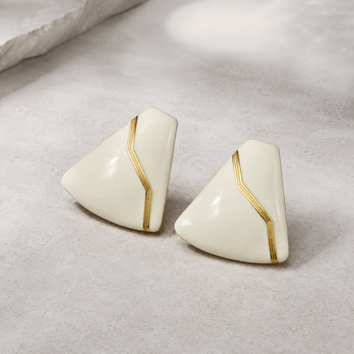 White Geometric Earrings | Gold Line Statement Stud Earrings for Women