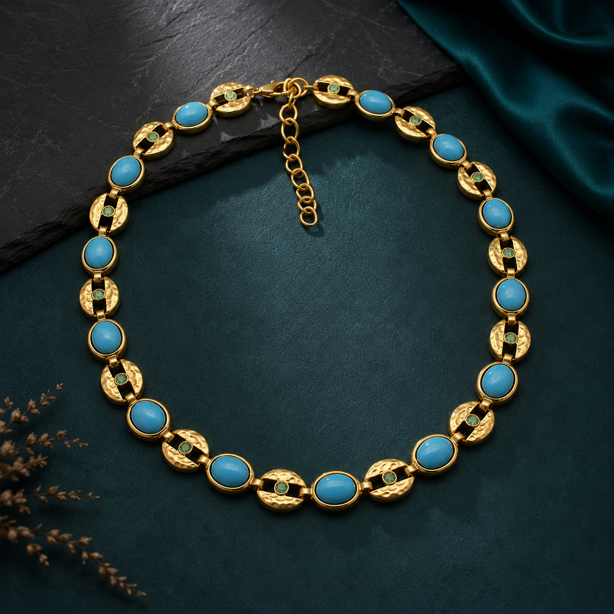 Turquoise Blue Gold Statement Necklace | Vintage Gemstone Necklace for Women