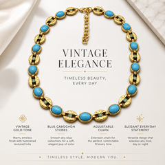 Turquoise Blue Gold Statement Necklace | Vintage Gemstone Necklace for Women