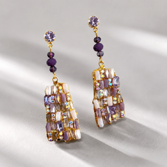 Purple Mosaic Crystal Drop Earrings | Geometric Statement Earrings