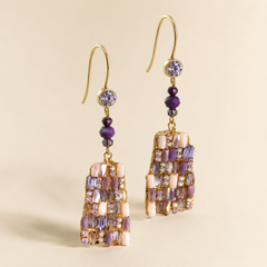 Purple Mosaic Crystal Drop Earrings | Geometric Statement Earrings