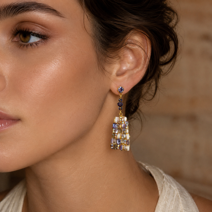 Purple Mosaic Crystal Drop Earrings | Geometric Statement Earrings