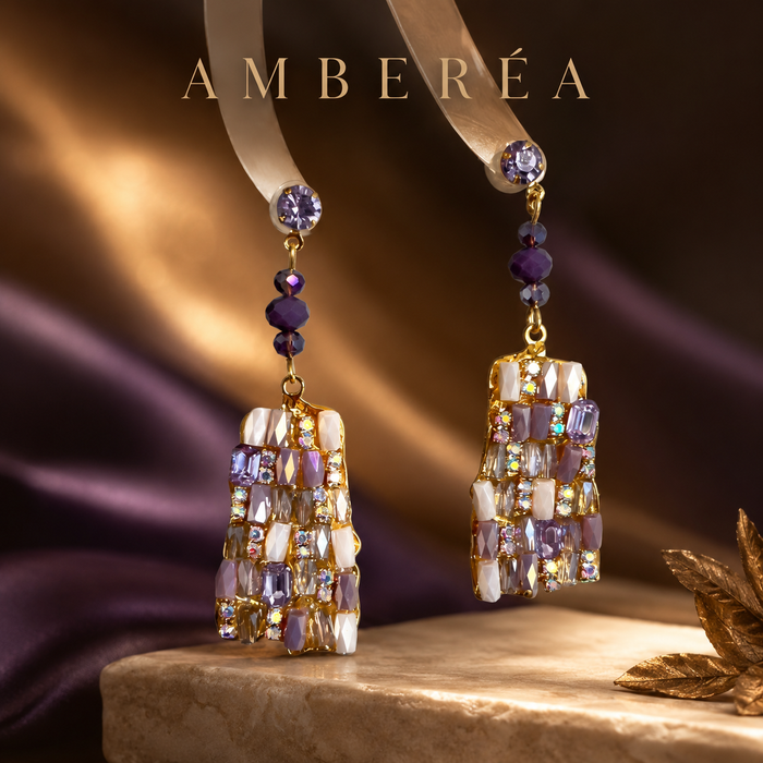 Purple Mosaic Crystal Drop Earrings | Geometric Statement Earrings