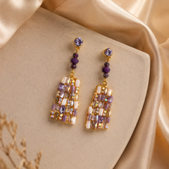 Purple Mosaic Crystal Drop Earrings | Geometric Statement Earrings