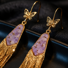 Purple Crystal Tassel Earrings | Gold Butterfly Dangle Earrings
