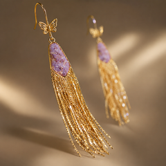 Purple Crystal Tassel Earrings | Gold Butterfly Dangle Earrings
