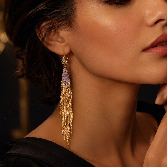 Purple Crystal Tassel Earrings | Gold Butterfly Dangle Earrings