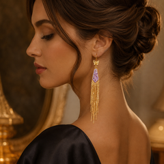 Purple Crystal Tassel Earrings | Gold Butterfly Dangle Earrings
