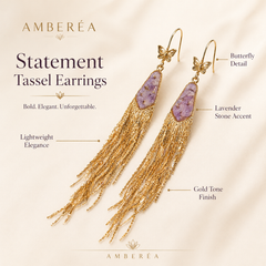 Purple Crystal Tassel Earrings | Gold Butterfly Dangle Earrings