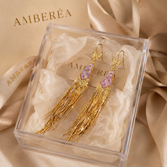 Purple Crystal Tassel Earrings | Gold Butterfly Dangle Earrings