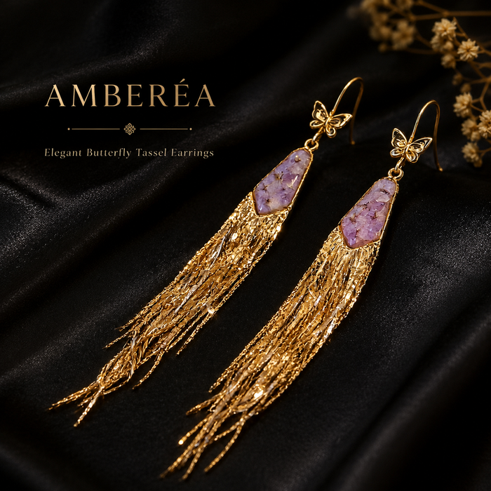Purple Crystal Tassel Earrings | Gold Butterfly Dangle Earrings