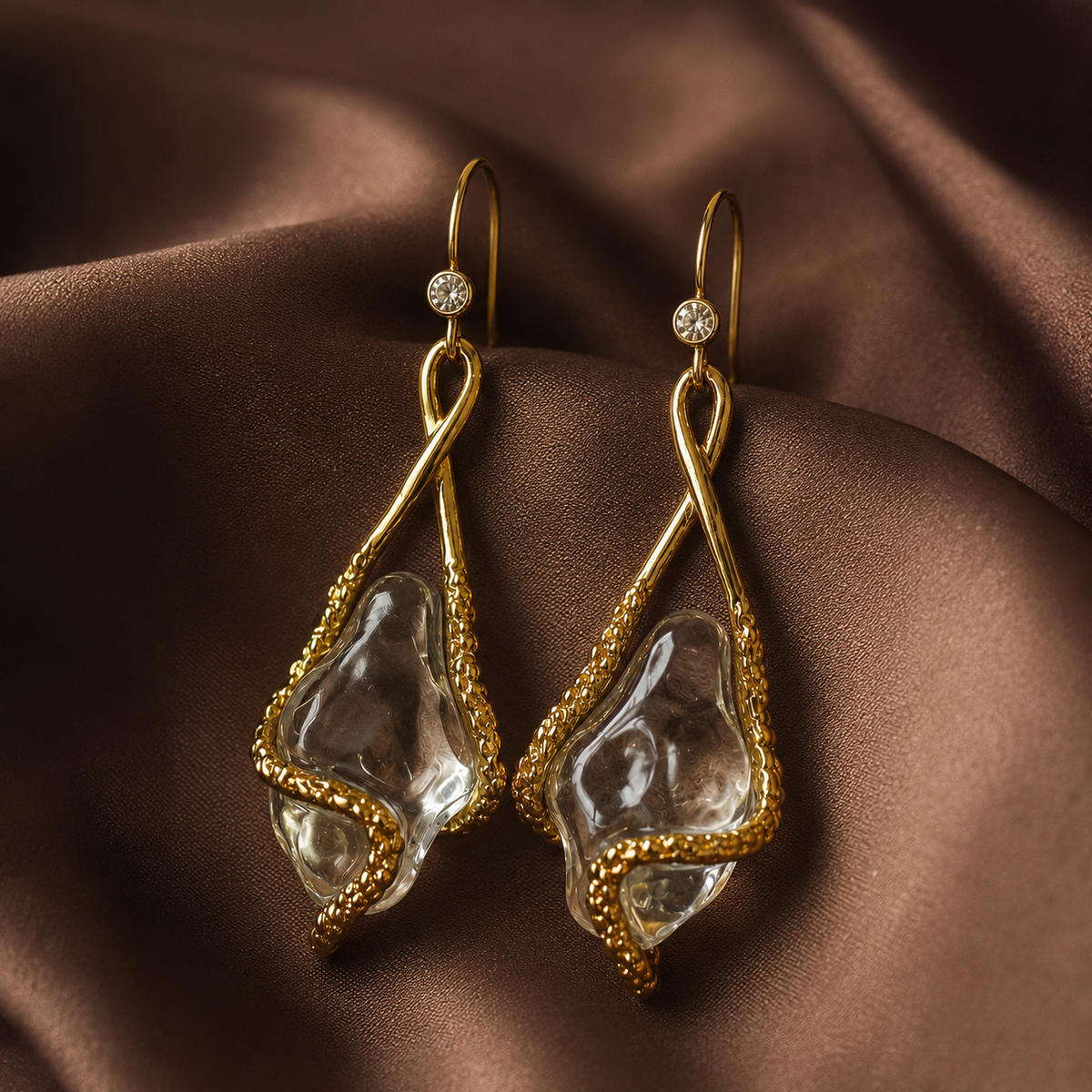 Clear Crystal Flower Drop Earrings | Gold Floral Dangle Earrings