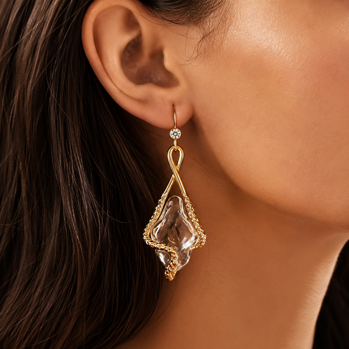 Clear Crystal Flower Drop Earrings | Gold Floral Dangle Earrings