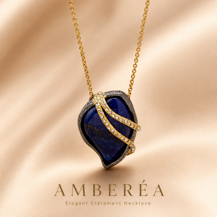 Blue Crystal Pendant Necklace | Gold Statement Gemstone Necklace for Women