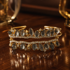 Grey Crystal Statement Bracelet | Gold Luxury Rhinestone Cuff Bracelet