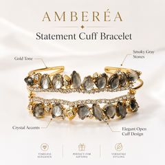 Grey Crystal Statement Bracelet | Gold Luxury Rhinestone Cuff Bracelet