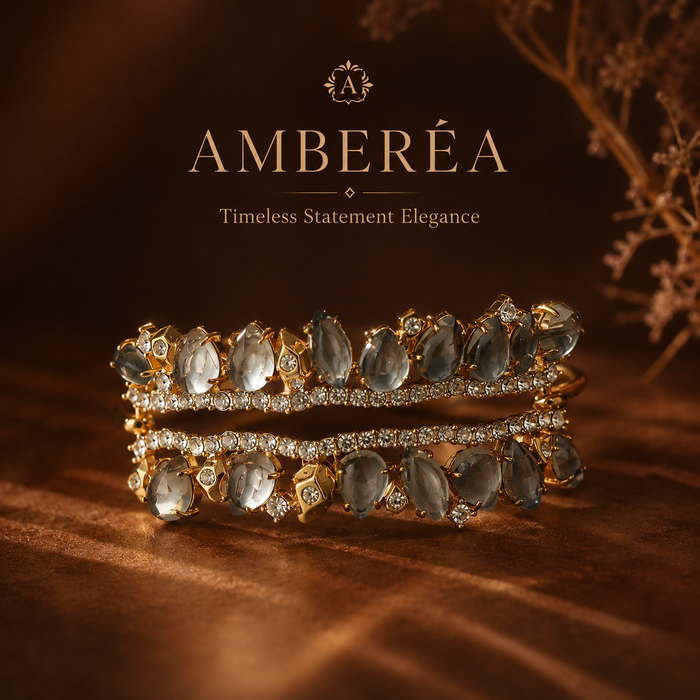Grey Crystal Statement Bracelet | Gold Luxury Rhinestone Cuff Bracelet
