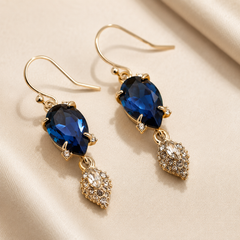 AMBERÉA Blue Crystal Drop Earrings | Gold Vintage Statement Earrings