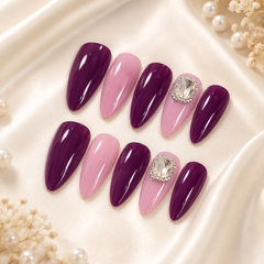 AMBERÉA Burgundy Pink Press On Nails | Luxury Crystal Gel False Nails
