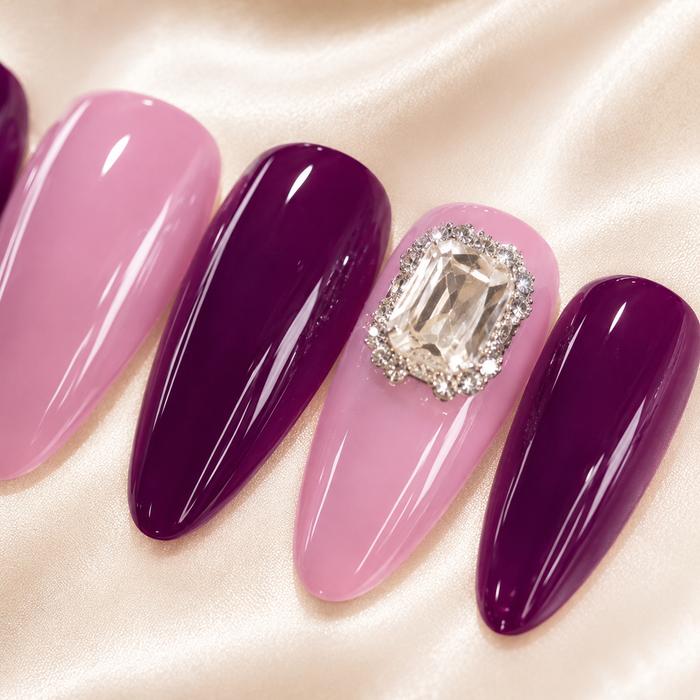 AMBERÉA Burgundy Pink Press On Nails | Luxury Crystal Gel False Nails