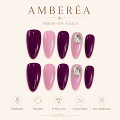 AMBERÉA Burgundy Pink Press On Nails | Luxury Crystal Gel False Nails