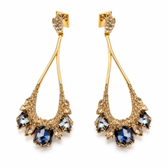 Blue Crystal Statement Drop Earrings | Gold Tone Elegant Dangle Earrings