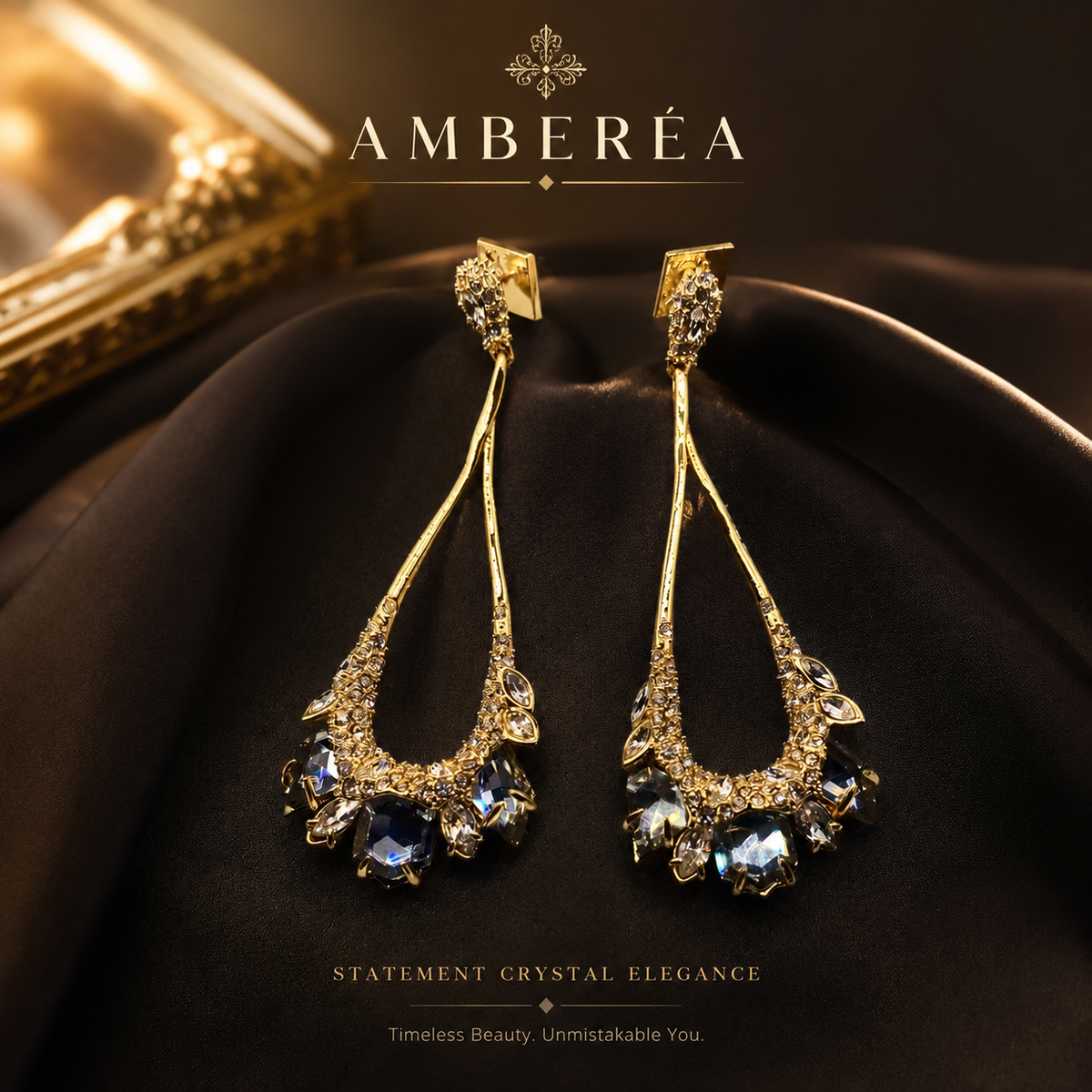 Blue Crystal Statement Drop Earrings | Gold Tone Elegant Dangle Earrings