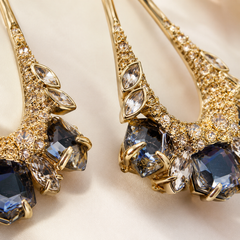 Blue Crystal Statement Drop Earrings | Gold Tone Elegant Dangle Earrings