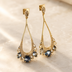 Blue Crystal Statement Drop Earrings | Gold Tone Elegant Dangle Earrings