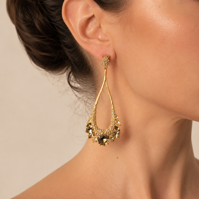 Blue Crystal Statement Drop Earrings | Gold Tone Elegant Dangle Earrings