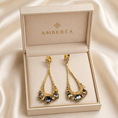 Blue Crystal Statement Drop Earrings | Gold Tone Elegant Dangle Earrings