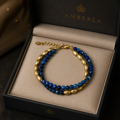 AMBERÉA Blue Beaded Bracelet | Gold Accent Luxury Gemstone Bracelet