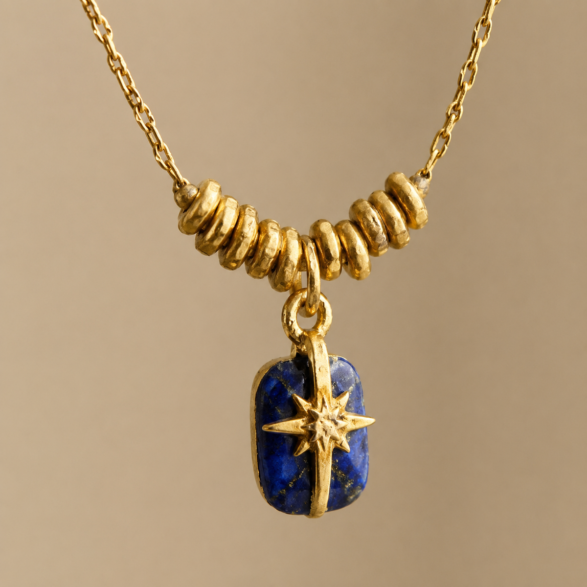 AMBERÉA Blue Lapis Pendant Necklace | Gold Starburst Luxury Necklace