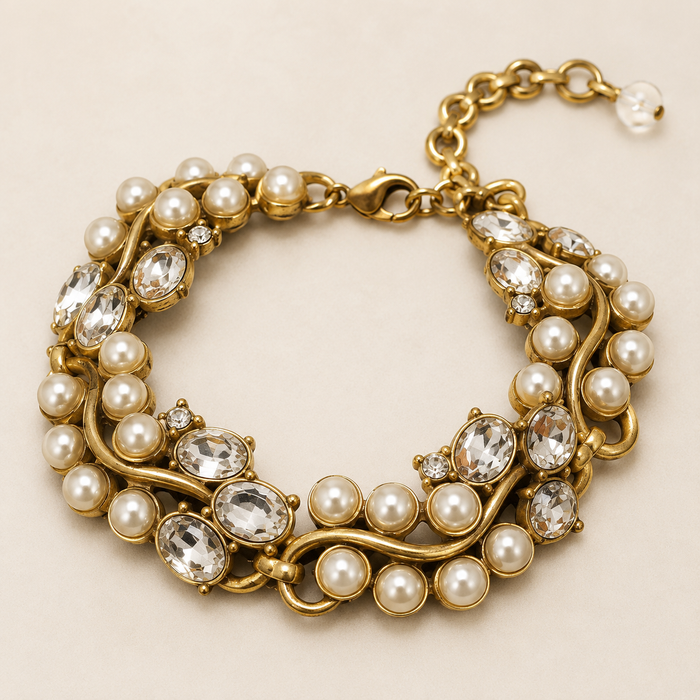 AMBERÉA Pearl Crystal Bracelet | Gold Vintage Statement Jewelry