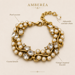 AMBERÉA Pearl Crystal Bracelet | Gold Vintage Statement Jewelry
