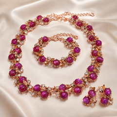 AMBERÉA Pink Cat Eye Jewelry Set | Rose Gold Necklace Bracelet Earrings