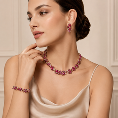 AMBERÉA Pink Cat Eye Jewelry Set | Rose Gold Necklace Bracelet Earrings