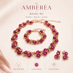 AMBERÉA Pink Cat Eye Jewelry Set | Rose Gold Necklace Bracelet Earrings