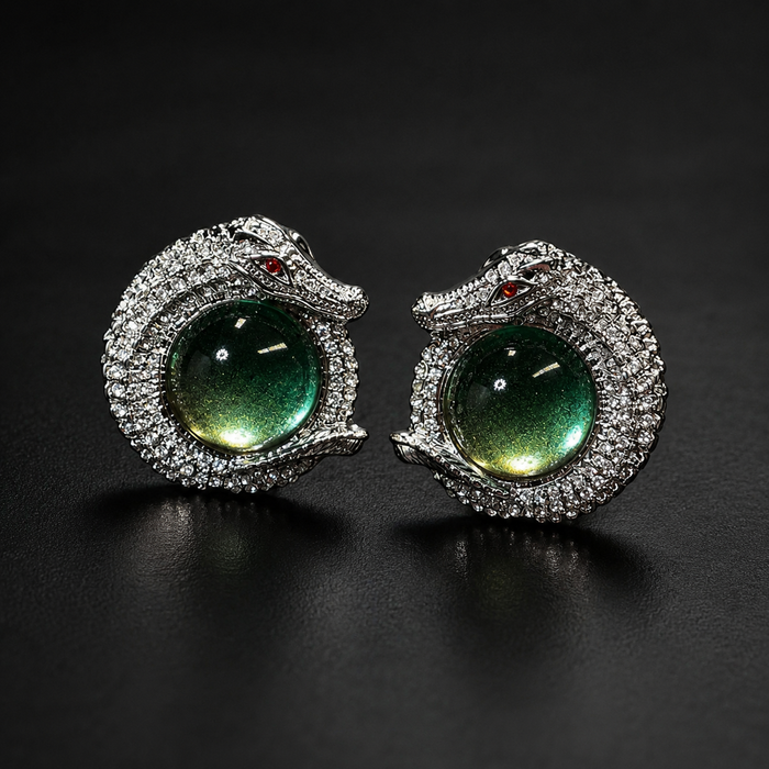 AMBERÉA Green Crystal Dragon Earrings | Silver Statement Earrings