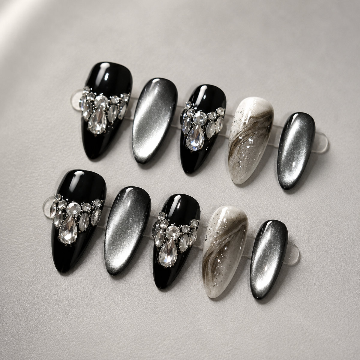 AMBERÉA Black Cat Eye Press On Nails | Luxury Crystal Gel False Nails