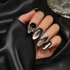 AMBERÉA Black Cat Eye Press On Nails | Luxury Crystal Gel False Nails