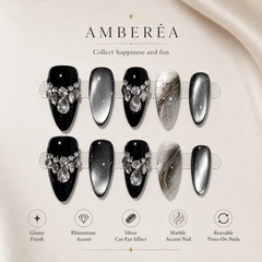 AMBERÉA Black Cat Eye Press On Nails | Luxury Crystal Gel False Nails