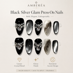 AMBERÉA Black Cat Eye Press On Nails | Luxury Crystal Gel False Nails