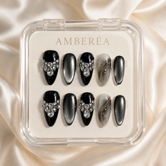 AMBERÉA Black Cat Eye Press On Nails | Luxury Crystal Gel False Nails
